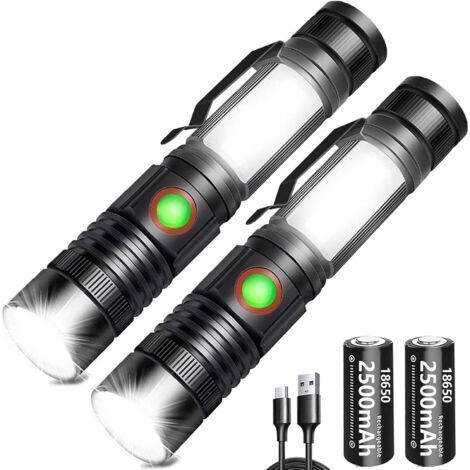 BUNTHAUS Torche LED 2000 Lumens Super Lumineuse, 2500 mAh Torche USB-C Rechargeable Haute Capacité Portable et Zoomable Puissante, avec Base Magnétique et Lumière de Travail COB(Lot de 2)