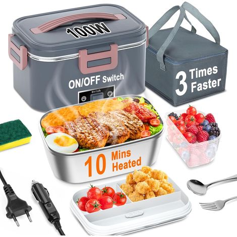 Electric Lunch Box, 3 in 1 Portable Removable Stainless Steel Heated Lunch Box for Car/Truck/Office (Grey, 1.8L) (1/5)