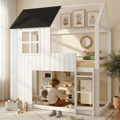 Cama alta infantil 90x200 cm blanca y negra de pino y MDF con escalera y barrera (1/5)