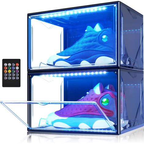 Organisateur de Rangement pour Chaussures pour Placard, Étagère Pliable pour Chaussures en Lot de 2, Boîtes de Rangement Empilables en Plastique Transparent avec Porte-Chaussures Magnétique (1/5)