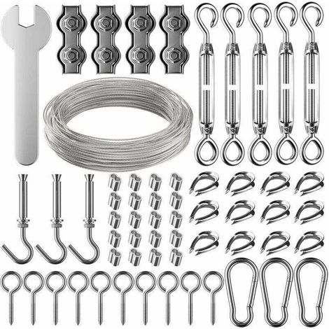 30 m Edelstahl-Aufhängeseil-Set, 2 mm beschichtetes Edelstahlseil mit Spannvorrichtung und Haken, zum Aufhängen von Lichtern, Kletterpflanzen, Wäscheleinen, Pergola-Vorhängen, Geländern. (1/4)