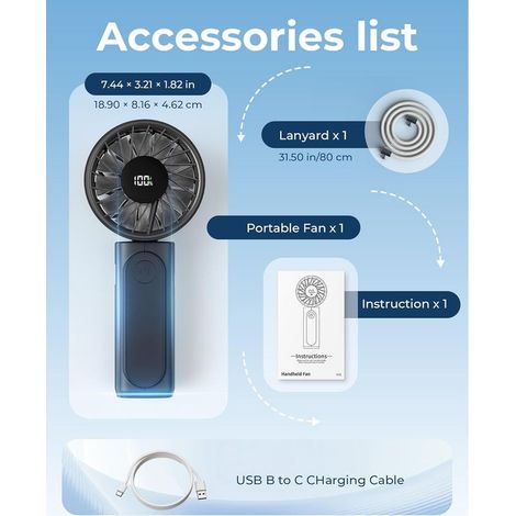 Ventilateur portable, rechargeable 4000 mAh, mini ventilateur de bureau pliable à 180° avec 6 vitesses de vent, écran numérique LCD, cordon de cou, ultra silencieux, format de poche pour (1/5)