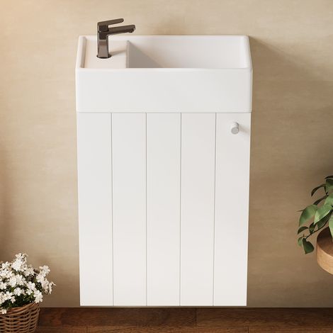 Lavabo mural 41 x 23 x 62,5 cm, meuble vasque blanc finition laquée hydrofuge et résistante à l'humidité, portes à fermeture amortie, dimensions ultra-compactes. (1/5)