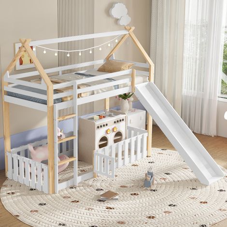 Lit mezzanine enfant 90/200 cm blanc et naturel en bois massif et MDF avec toboggan et toit (1/5)