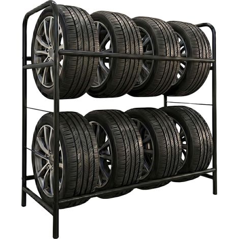 Étagère à pneus Relaxdays pour 8 pneus, H x L x P : 106 x 106 x 46 cm, 200 kg, acier, 2 niveaux, noir