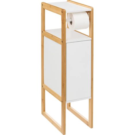 Dérouleur papier toilette avec réserve en panneau de particules coloris blanc/naturel - Longueur 33 x Profondeur 20 x Hauteur 80 cm -PEGANE- (1/4)