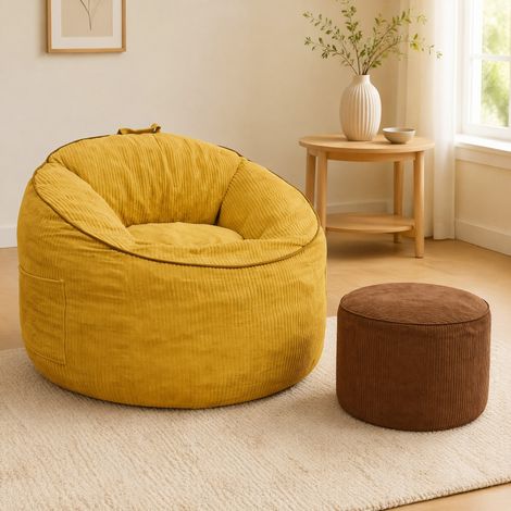 Sillón puff, asiento ergonómico curvado, bolsillo lateral, con otomana a juego, flannelette amarilla (1/5)