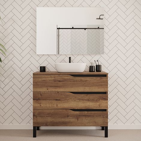 Meuble de salle de bain 100cm avec plateau et vasque à poser zeus - 3 tiroirs - tabaco (chêne foncé) - MATA (1/5)