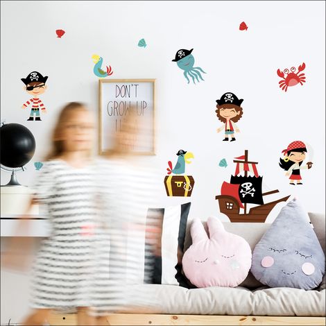 Sticker autocollant décoratif enfant 68 cm X 48 cm, illustration de pirates rigolos avec animaux de la mer, déco chambre bébé pour enfants. (1/2)