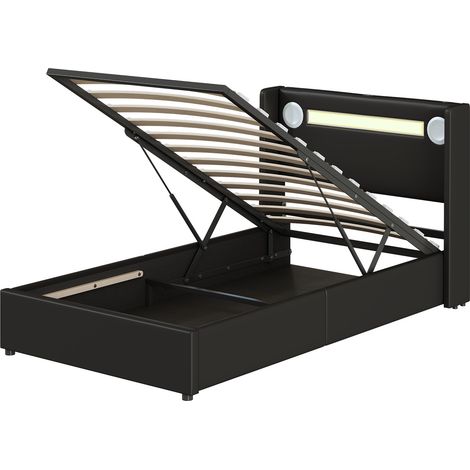 Lit enfant rembourré 90x200 avec LED, Bluetooth et 2 ports USB, lit coffre en PU noir MODENUIT (1/5)