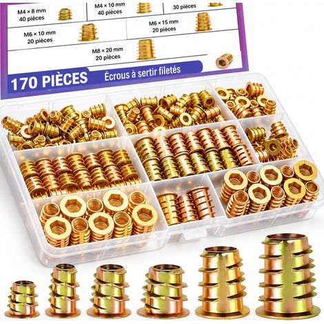 Inserts filetés bois Jaune - 170 pièces M4 M5 M6 M8 tailles assorties écrous meubles 20 × 10 × 3 cm 200 g – Livraison gratuite (1/5)