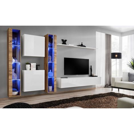 Ensemble mural - Switch XVI - 2 vitrines LED - 2 vitrines carrées - 1 banc TV - 1 étagère - Bois et blanc - Modèle 1 - Livraison gratuite