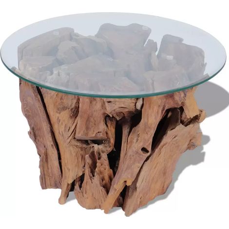Les Tendances – Table basse ronde en teck massif avec plateau en verre trempé 0.8cm – Artisanale – Style rétro et naturel – Unique (1/5)