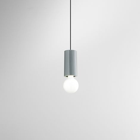 Sospensione ceramica e metallo grigio lucido Idea 1 luce attacco E27 D.8cm Rosone e lampadine non incluso