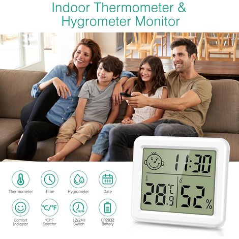 2 pezzi termometro igrometro per interni, mini termometro per ambienti con ora, data, commutabile ℃/℉, monitor di temperatura e umidità alimentato a batteria per camera da letto (1/4)