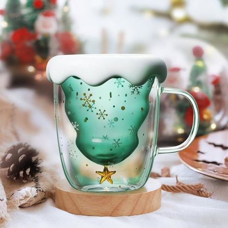 Tasse de Noël,verres à double paroi, tasse à café de Noël,tasse à lait en verre avec couvercle, tasses à café résistantes-cadeaux (1/4)