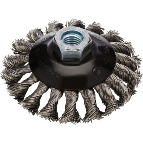 Brosse conique en acier Rhodius SKBZ, avec fil d'acier torsadé pour utilisation sur meuleuses d'angle, 115 x 15 x 20 x M14 mm