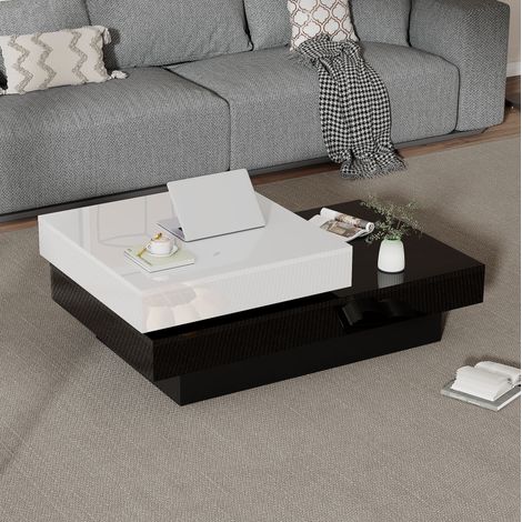 Drehbarer Couchtisch mit schwarzer und weißer Naht, moderner, schlichter Couchtisch mit Hochglanzoberfläche, doppelschichtiger Mitteltisch aus Spanplatte, geeignet für das Wohnzimmer einer Wohnung (1/5)
