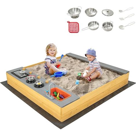 COSTWAY Sabbiera in Legno per Bambini, Sabbiera per Esterni con Rivestimento Inferiore Accessori e Panca, per Bambini di 3-8 Anni, 135x125x20 cm