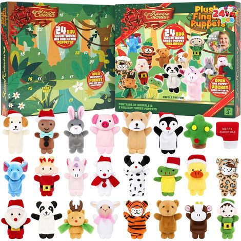 Calendrier de l'Avent de Noël 2024 avec marionnettes à doigts, calendrier de l'Avent de Noël de 24 jours avec marionnettes à doigts en peluche pour animaux pour filles et enfants, cadeaux de (1/5)