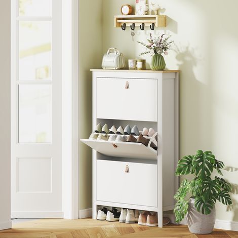 Porte-chaussures étroit 80x24x131 cm blanc avec 3 compartiments et poignées en cuir PU pour couloirs et en et bois