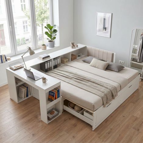 Lit simple cadre extensible 90x200 cm bureau prise EU 2 tiroirs sommier lattes blanc mat gain de place coin lecture tout-en-un (sans Matelas) (1/5)