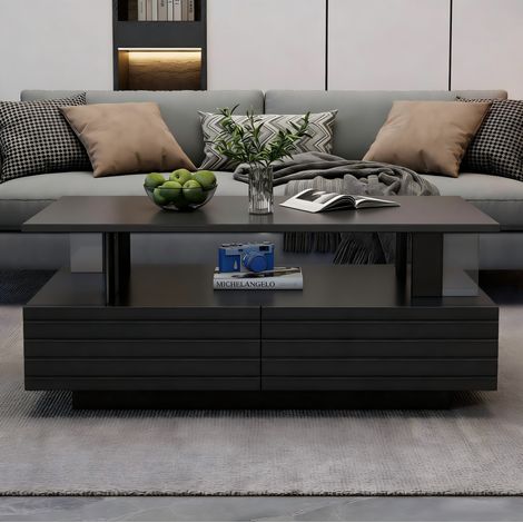 Table basse LED noire avec rangement 100 x 50 x 42,5 cm, 2 tiroirs, acrylique DESVIAE (1/5)