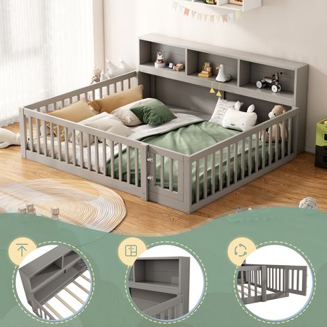 Lit de jour 140x200 cm, canapé convertible avec table de nuit à tiroirs, sommier à lattes inclus, barrière de protection, bois de pin, gris, sans matelas (1/5)