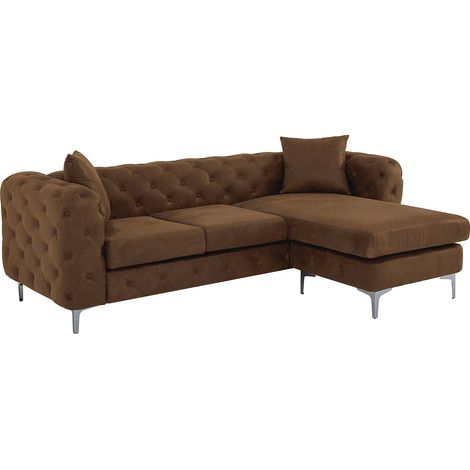 Divano angolare reversibile chesterfield in microfibra effetto pelle invecchiata marrone - EDWINA