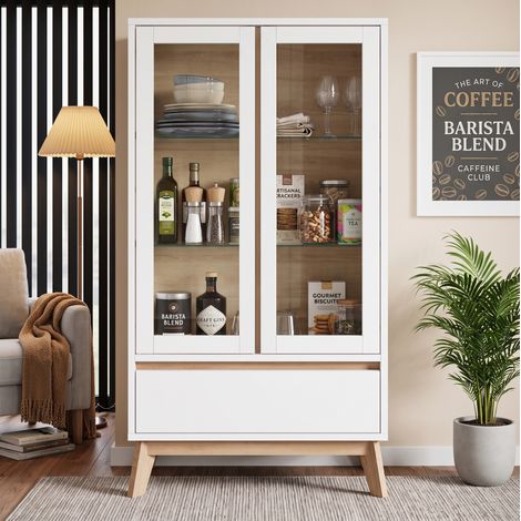 Buffet en bois et blanc avec étagères réglables 80×40×150 cm pour cuisine et salon (1/5)