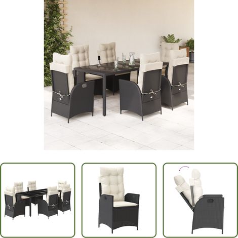 vidaXL Gartenstuhl -  7-tlg. Garten-Essgruppe mit Kissen Schwarz Poly Rattan (1/5)