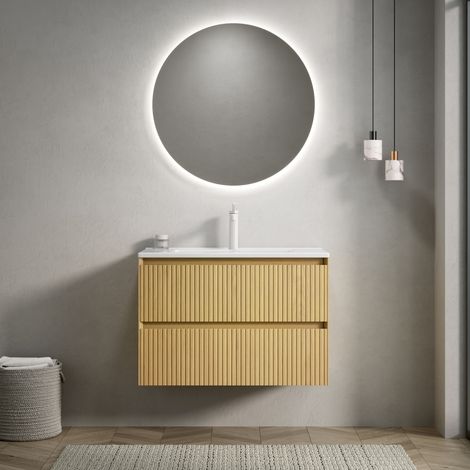 Badezimmer Waschtisch mit Keramikbecken, 2 Schubladen, vormontiert, Sperrholz und Massivholz, Weiß (1/5)