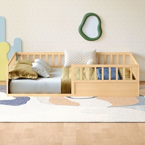 Lit enfant Montessori - 140x200 cm - Barrières de sécurité - Pin massif - Bois naturel (1/3)