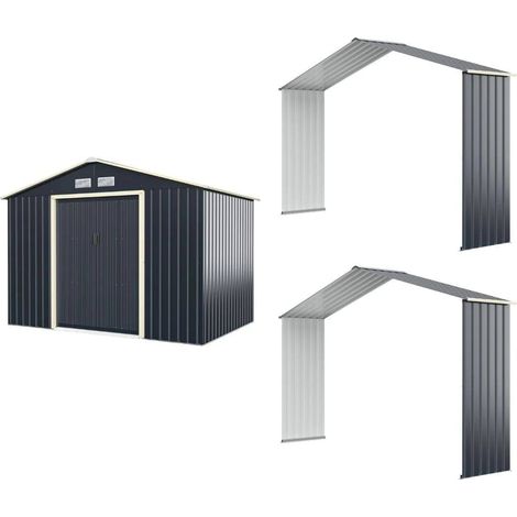 Abri de rangement en acier gris avec double porte coulissante verrouillable et quatre aérations pour jardin, cour et terrasse (1/5)