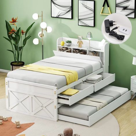 Lit simple 90x190 cm en pin massif avec tiroir extensible, sommier et table de nuit avec rangement et port usb – lit blanc multifonction (1/5)