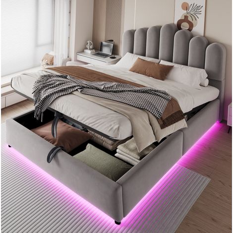 Stauraumbett 140x200 cm Grau aus Samt mit hydraulischem Stauraum und LED-Lichtband (1/5)