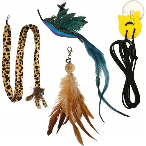 Lot de 3 jouets pour chat avec plumes d'oiseau et caoutchouc pour porte réglable (1/5)