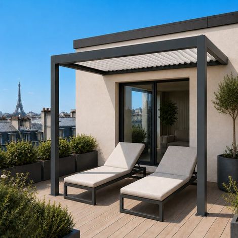 Pergola Bioclimatique Aluminium Adossée Motorisée Éclairée 2x3 Anthracite SV ORIAL France (1/5)