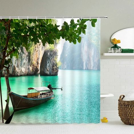 Rideau de douche imprimé 3D motif forêt, 180 x 200 cm, imperméable et lavable, avec crochets, L 90 x H 180 cm