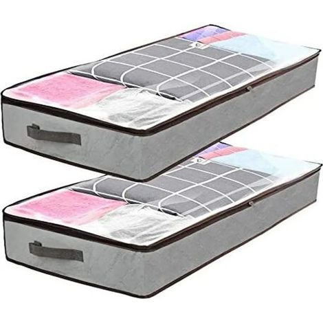 Boîte de rangement sous lit, 2 pièces 90L, coffre de lit premium avec fenêtre transparente, housse respirante en tissu pliable pour couettes, oreillers, vêtements, linge de maison et couvertures (1/5)