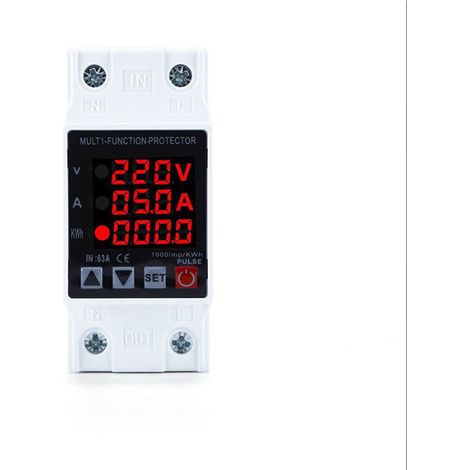 Dreifacher Displayschutz, Überspannungs-/Unterspannungsschutz AC80-300V 1-63A, einstellbare Überstromkapazität, Überspannungs-/Unterspannungsschutz + Energiezähler. (1/4)