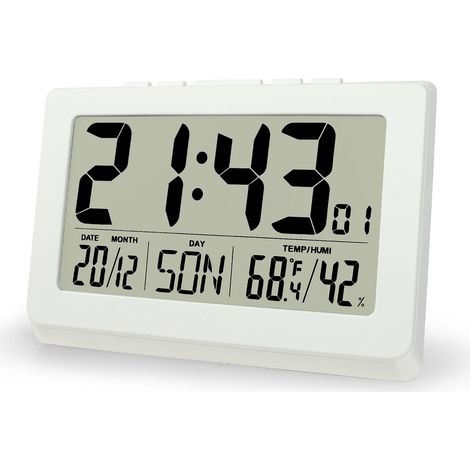 10" Horloge Murale Numérique de Bureau, LCD Grande Chiffre Horloge Digitale à Piles avec Température, Humidité, Date, Alarmes, Snooze, 12/24H, Pendule Murale pour Salon Chambre Bureau, Blanc (1/5)