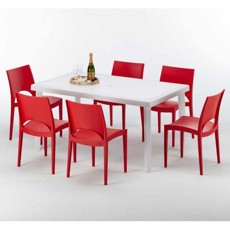 Tavolo Rettangolare Bianco 150x90 cm con 6 Sedie Colorate Paris Summerlife - Rosso
