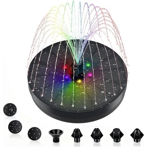Fontaine solaire Longzhiming avec pompe pour bain d'oiseaux - 3 watts - 7 buses - Fontaine à énergie solaire - Batterie 900 mAh et éclairage LED - Idéale pour les bassins - Diamètre : 16 cm - Noire (1/5)