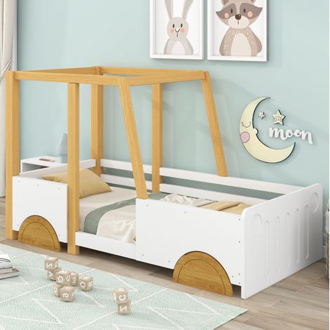 lit enfant chambre voiture avec barrières bois 90x200 OKMYHOME (1/5)