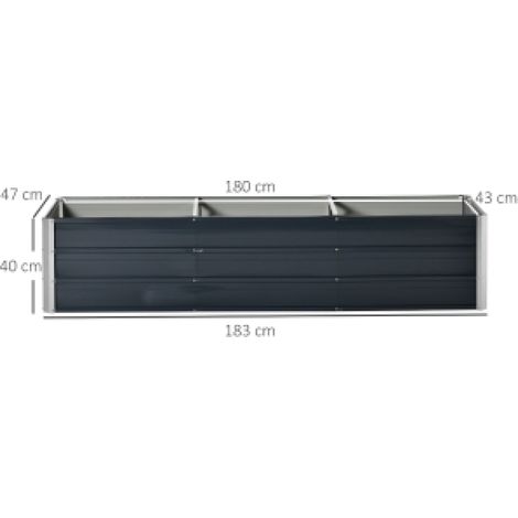 Grand bac de culture XXL en acier gris foncé 183 x 47 x 40 cm, fond ouvert résistant aux intempéries, fourni avec gants, pour légumes et fleurs de jardin
