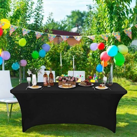 Gartenmöbelabdeckung, schwarze Tischdecken für 1,80 m lange Tische – rechteckige, passgenaue, knitterfreie Stretch-Elastan-Tischdecken für Partys, Hochzeiten und Bankette (1/4)