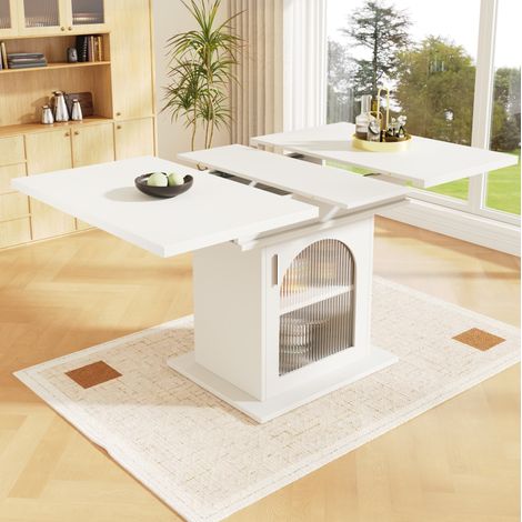 Tavolo da pranzo estensibile 110-140x80x76 cm bianco in MDF e vetro con 3 ripiani contenitore (1/5)