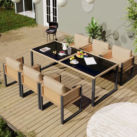 Ensemble Table et Chaises de Jardin 7 Pièces - Table Verre Trempé 170x80x75 cm + 6 Chaises 80x55x55 cm - Structure Acier Galvanisé - Dossiers Rotin PE - Coussins 6 cm - Brun et Noir (1/5)