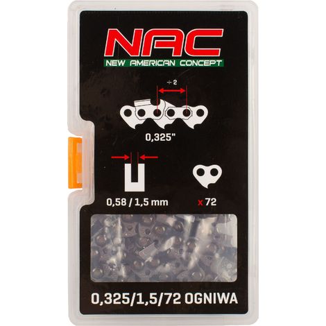 Cadena de corte para motosierra NAC SPS01-45, 45 cm, 72 eslabones, paso 0.325", calibre 1.5 mm, alta precisión y durabilidad para corte de madera profesional